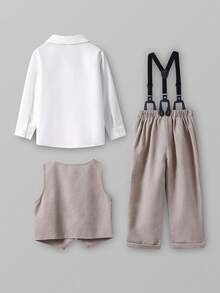 SHEIN 三件套男童绅士套装：白色领衬衫配领结、灰色马甲和背带裤，时尚百搭，适合生日派对、婚礼、周年纪念等场合。 - 卡其色 - 查看 2