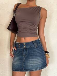 Aloruh Women's Casual Versatile Everyday Rivet Denim Mini Skirt - Blue - View 3