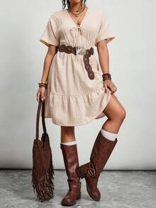 SHEIN LUNE V领系带蝴蝶结露肩褶皱腰部荷叶边下摆A字伞裙，双层绉纱纹理100%纯棉休闲宽松优雅通勤度假连衣裙，音乐节短袖连衣裙，夏季连衣裙，收腰连衣裙，薄纱连衣裙，短袖夏季连衣裙，亚麻连衣裙，夏季野餐连衣裙，米色孕妇连衣裙，荷叶边连衣裙，休闲连衣裙，女士度假连衣裙，宽松连衣裙，100%纯棉连衣裙，宽松连衣裙，短袖连衣裙，休闲短袖连衣裙，女士夏季服装，女士夏季连衣裙，女士休闲连衣裙 - 杏色 - 查看 5