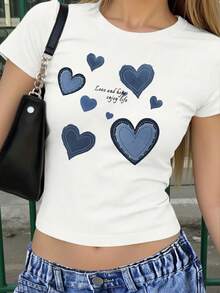 Teenage Girls' White Cropped T-Shirt, Sweet & Cool Denim-Look Heart Graphic, Versatile All-Match Tee Suitable For Outings, Street Style, Spring, Summer, Autumn, Fitted & Tight - Multicolor - View 2