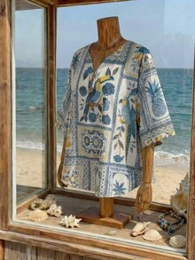Rusticease Plus Size Women Tropical Shell Print White Blue,Summer,Boho,Casual,Vacation,Holiday Floral V-Neck Button Design Shirt,Retro Seaside Country Style Tops - Multicolor - View 4