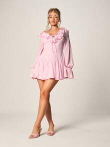 MISSGUIDED Đầm ngắn màu hồng nhạt bằng chiffon, trễ vai, cổ bèo nhún, tay phồng, thắt dây, thích hợp cho tiệc tùng mùa xuân hè. - Hồng - Xem 3