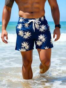 Manfinity Swimmode 男士夏季度假印花抽绳腰带沙滩短裤 - 藏蓝色 - 查看 4