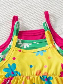SHEIN Playful Pals 3件套女婴夏季碎花无袖连衣裙和纯色连衣裙，田园风格，时尚可爱 - 彩色 - 查看 5