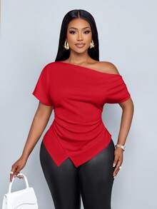 SOLERSUN Women's Elegant Asymmetric Neckline Ruched Asymmetric Hem T-Shirt - Red - View 3