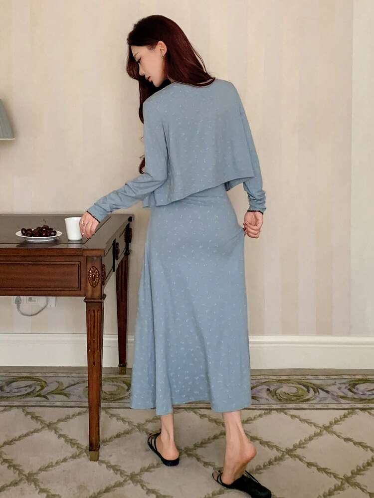 2pcs Women Ditsy Floral Long Sleeve Cardigan & Maxi Slip Dress Sleepwear Set