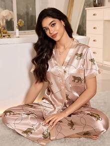 SHEIN Satin Leopard Print Short Sleeve Top And Pants Women Pajama Set, Spring/Summer/Autumn - Champagne - View 5
