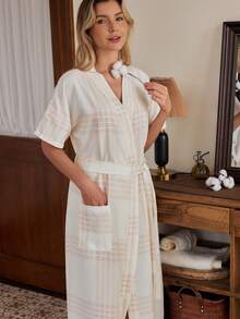 SHEIN Women's Kimono Robe With Tie Front, Plaid Pattern And Pockets - Beige - View 4