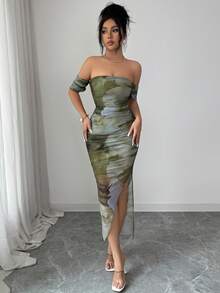 Selianne 女士优雅露肩扎染开衩修身连衣裙，秋季女士长款套装 - 酪梨綠 - 查看 4