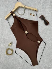SHEIN Swim 1pc Solid Color Hollow Out Asymmetric Metal Decor Swimsuit For Women Holiday Beach Party Pool Party Chocolate Brown Summer - Brown - View 4