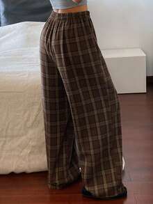 Livesso Plaid Elastic Waist Straight Leg Lounge Pants, Suitable For Spring, Autumn And Winter - Brown - View 2