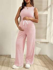 SHEIN 2pcs Set Baju Hamil Tanpa Lengan Bergaris Kasual Nyaman dan Bernapas untuk Musim Panas - Berwarna merah muda - View 6