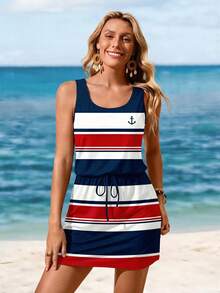 Sylviya Đầm ngắn nữ màu xanh hải quân in hình mỏ neo và sọc, thích hợp cho mùa xuân/hè, đầm sọc mùa hè, thích hợp đi chơi, đầm thanh lịch, đầm đi nghỉ mát. - Nhiều màu - Xem 6
