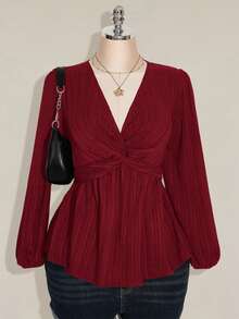 SHEIN ICON 大码女式扭结纹理黑色灯笼袖上衣 - 酒紅色 - 查看 3