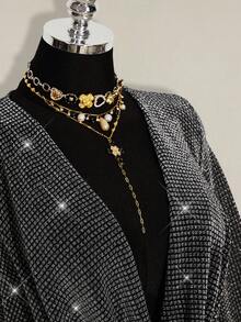 SHEIN ICON 大码女式深V领金色迷你派对连衣裙 - 銀色 - 查看 7
