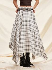 Easelle Plaid Woven Asymmetrical Hem Women Skirt Summer Spring Going Out Vacation Outfits Women Casual  Ruffle Apricot - Multicolor - View 6