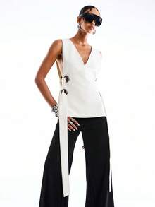 LYSMO 2026新款极简主义春夏女装时尚性感纯色双层无袖金属孔眼时尚开衩背心/夏季女装/夏季假期/春季女装/春假/春季上衣/狂欢节服装/2026狂欢节女装造型/派对上衣 - 米色 - 查看 5