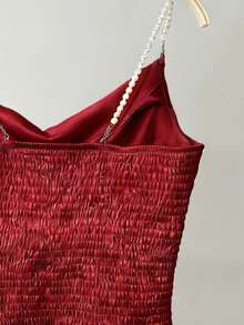 Franclia Áo hai dây nữ thanh lịch, đa năng, đính ngọc trai, chất liệu satin bóng, dáng bất đối xứng, thích hợp cho mùa xuân/thu. - Màu Đỏ Sâu - Xem 3