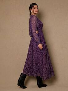 Freevana Plus Size All-Over Print V-Neck Elegant Long Sleeve Dress - Purple - View 2