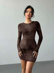 Aloruh 女士纯色圆领长袖褶皱印花修身迷你连衣裙，秋冬款 - 棕色 - 查看 9