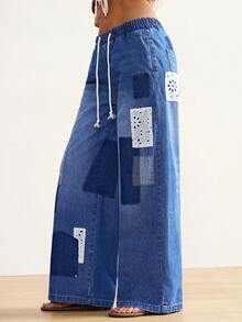 Bohemela Women's Contrast Color Ripped Pocket Drawstring Waist Jeans - Medium Wash - View 2