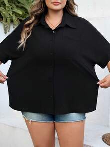 SHEIN CURVE+ Curve Mărimea US22Festival de muzică, Vacanță la mare, Cămașă de damă neagră cu mânecă de liliac și nasturi în față, Bohemia - Negru - Vizualizare 9