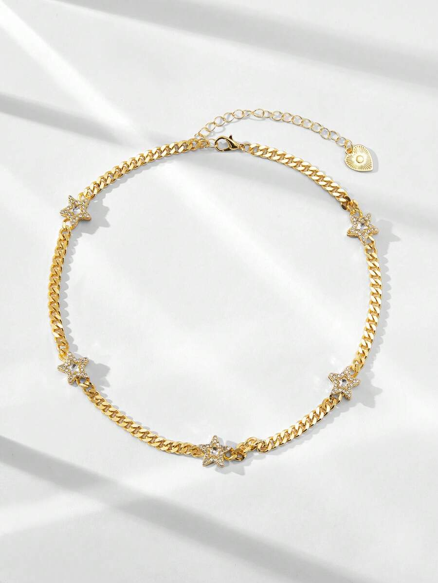 Maija Collar de cadena cubana de mujer hermosa de moda europea y americana, collar de estrella de amor, collar versátil para uso diario - Amarillo Oro - Ver 1
