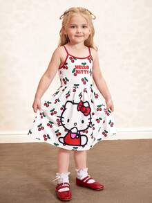 HELLO KITTY AND FRIENDS | SHEIN 年轻女孩夏季休闲度假卡通樱桃字母图案撞色包边连衣裙 - 紅白色 - 查看 4