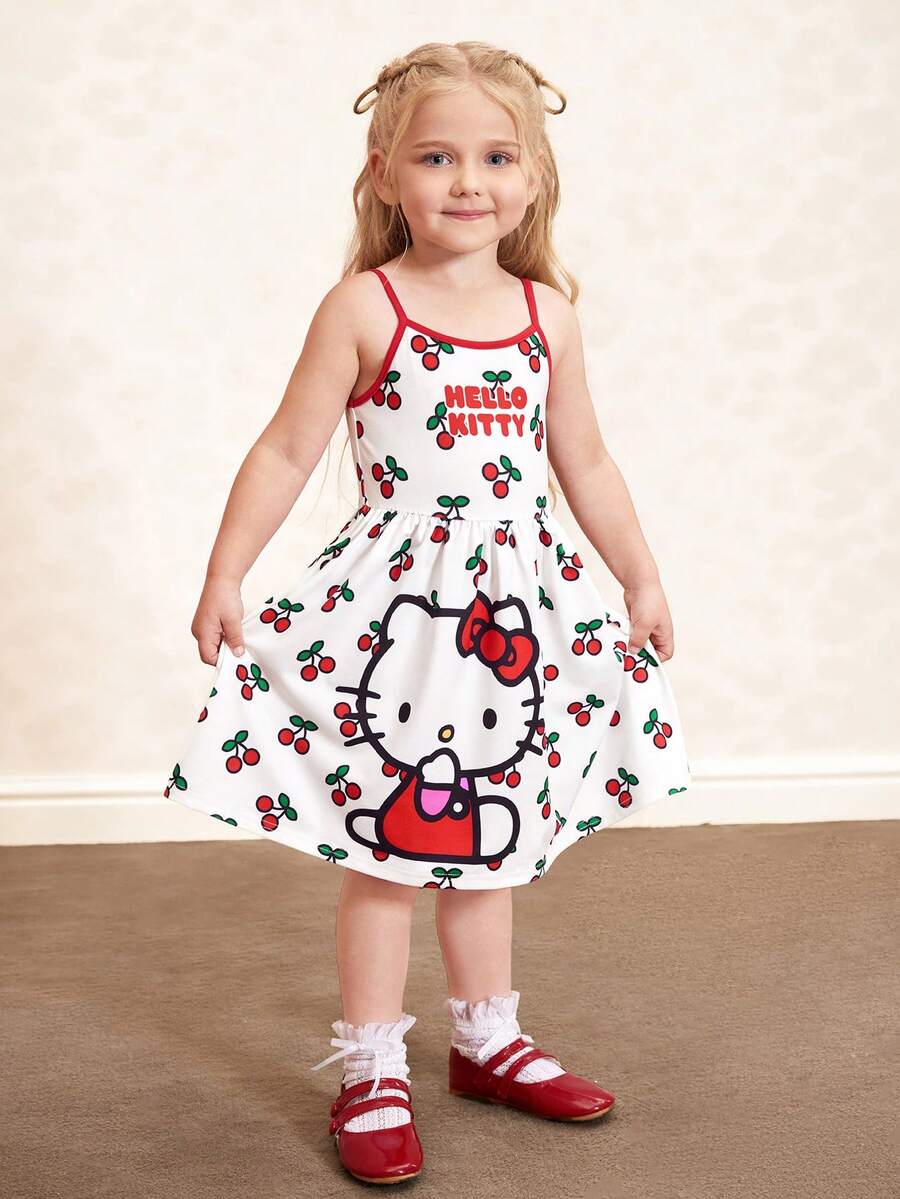 HELLO KITTY AND FRIENDS | SHEIN 年轻女孩夏季休闲度假卡通樱桃字母图案撞色包边连衣裙 - 紅白色 - 查看 1