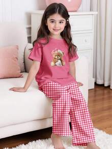 Cute Bear Plaid Pattern, Tween Girl Casual Minimalist Round Neck Short Sleeve T-Shirt And Loose Pants Loungewear, Suitable For Spring/Summer - Multicolor - View 5