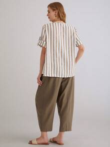 Parysyn Áo sơ mi nữ cỡ lớn kẻ sọc cổ tròn tay ngắn vạt gập, kiểu dáng rộng rãi, thoải mái - màu nâu - Xem 3