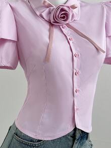 Flirla Rose Floral Striped Puff Sleeve Elegant Women Shirt - Pink - View 6