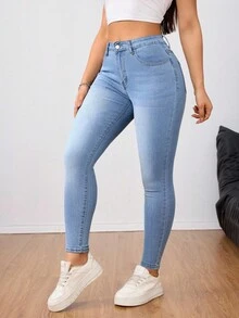 SHEIN ICON 大码女式高腰纯色带口袋紧身牛仔裤 - 淺色水洗藍 - 查看 4