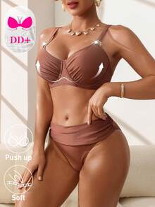 Swim DD+ Women Solid Color Spaghetti Strap Gold Decor Triangle Bikini 2 Pieces Swimwear Set - Coffee Brown - View 6