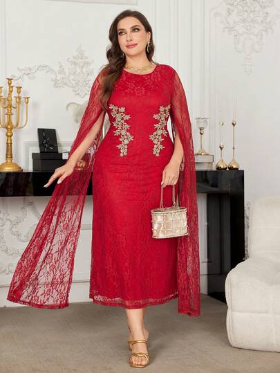 Modelyn Red Lace Shawl Sleeve Dress/Evening Gown/Formal Dress, Elegant Fitted Plus Size