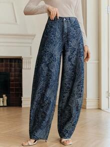 Anewsta 女士高腰宽松休闲印花蓝色喇叭牛仔裤，修身设计，适合情人节、春秋季穿着。 - 藍色 - 查看 3