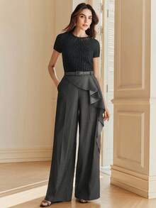 Anewsta Women's Fashionable Flounce Hem Pants With Belt, Suitable For Spring Urban Chic Style - Grey - View 6