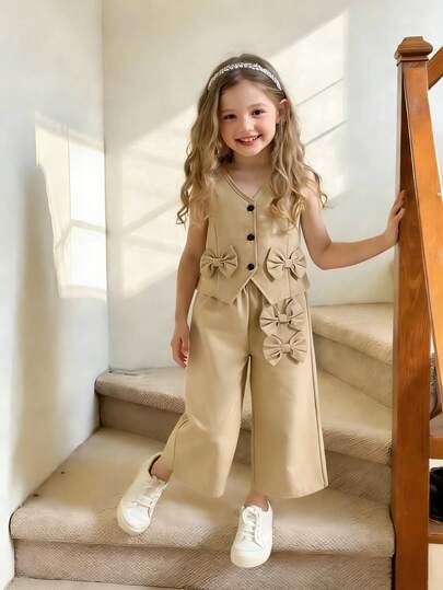 Genkimix Kids New Girls 4-7 Years Old Spring/Summer Sleeveless Vest With Front Button, Bow Decor, And Wide Leg Pants Set, Fashionable Casual Dress Suit For 4-7 Years Old Girls, Suitable For Daily Casual, Vacation, School, Outdoor Sports