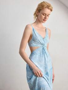 Ocili 休闲简约吊带连衣裙，抽象山脉印花，舒适垂坠睡裙，时尚秋季女士家居服 - 藍色 - 查看 6