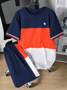 Vacaura Bộ 2 món dành cho tuổi teen mùa hè, áo thun cổ tròn phối màu đơn giản kết hợp với quần short phối màu bên hông, phù hợp cho mặc hàng ngày, hoạt động ngoài trời và kỳ nghỉ. - Nhiều màu - Xem 3