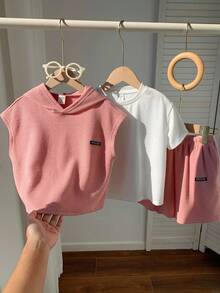 3pcs Kids Boys Casual Versatile Comfortable Textured Fabric Letter Print Hooded Loose Pullover Short Sleeve T-Shirt And Shorts 3-Piece Set, Suitable For Spring, Summer, Autumn, Winter, Daily Wear, Sports, Outings, School, Gatherings, Holidays, Photoshoots, Back To School Season - Dusty Pink - View 7