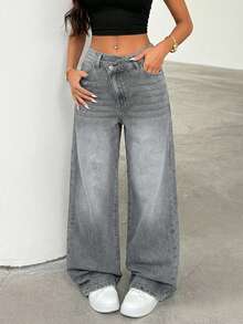 EURMUSE Women's Thick Denim Jeans, Oblique Placket, Loose Wide-Leg Pants, Blue - Grey - View 5