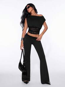 SHEIN ICON 女款不對稱單肩蕾絲收腰上衣 - 黑色 - 查看 5