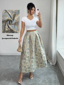 SHEIN Elenzya 女士提花褶裥休闲百搭日常穿搭半身裙 - 綠色 - 查看 1