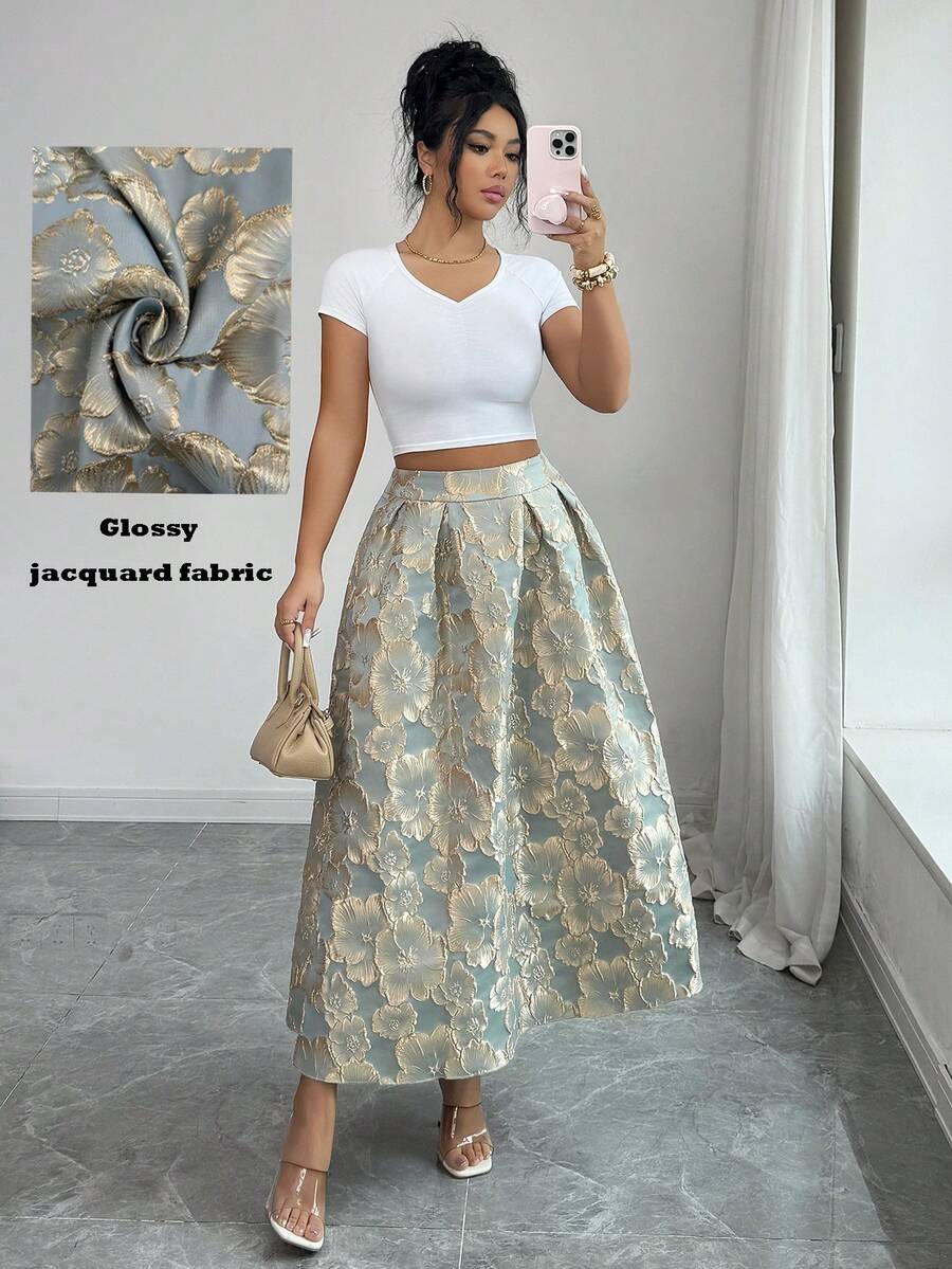 SHEIN Elenzya 女士提花褶裥休闲百搭日常穿搭半身裙 - 綠色 - 查看 1