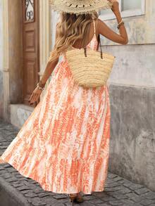 Brillora 女士休闲度假风全身印花荷叶边吊带连衣裙，夏季 - 橘色 - 查看 8
