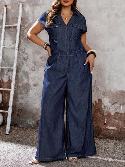 EMERY ROSE Mono de mezclilla sin estiramiento de pierna ancha para mujer de talla grande con bolsillos y botones, para uso casual, salidas y citas