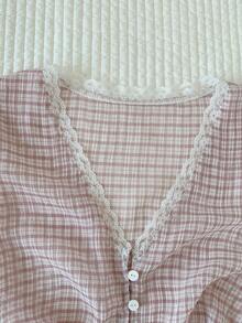 Comfortcana 粉色半透明蕾丝V领格子印花休闲无袖上衣 - 粉色 - 查看 3