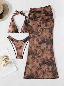 Swim Oasis 女士露背吊带随机印花泳衣带裙 - 咖啡棕 - 查看 6
