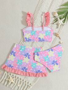 女童印花泳衣，荷叶边装饰，三件套 - 彩色 - 查看 2